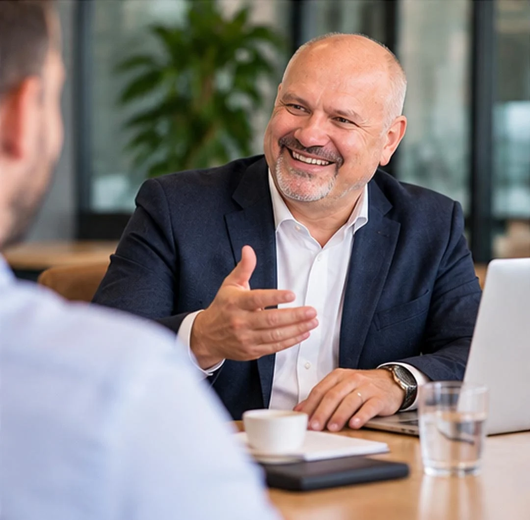 Daniel Schindler, Geschäftsführer der ihoch3 CONSULTING gmbh, Friedberg im Gespräch mit einem Kunden