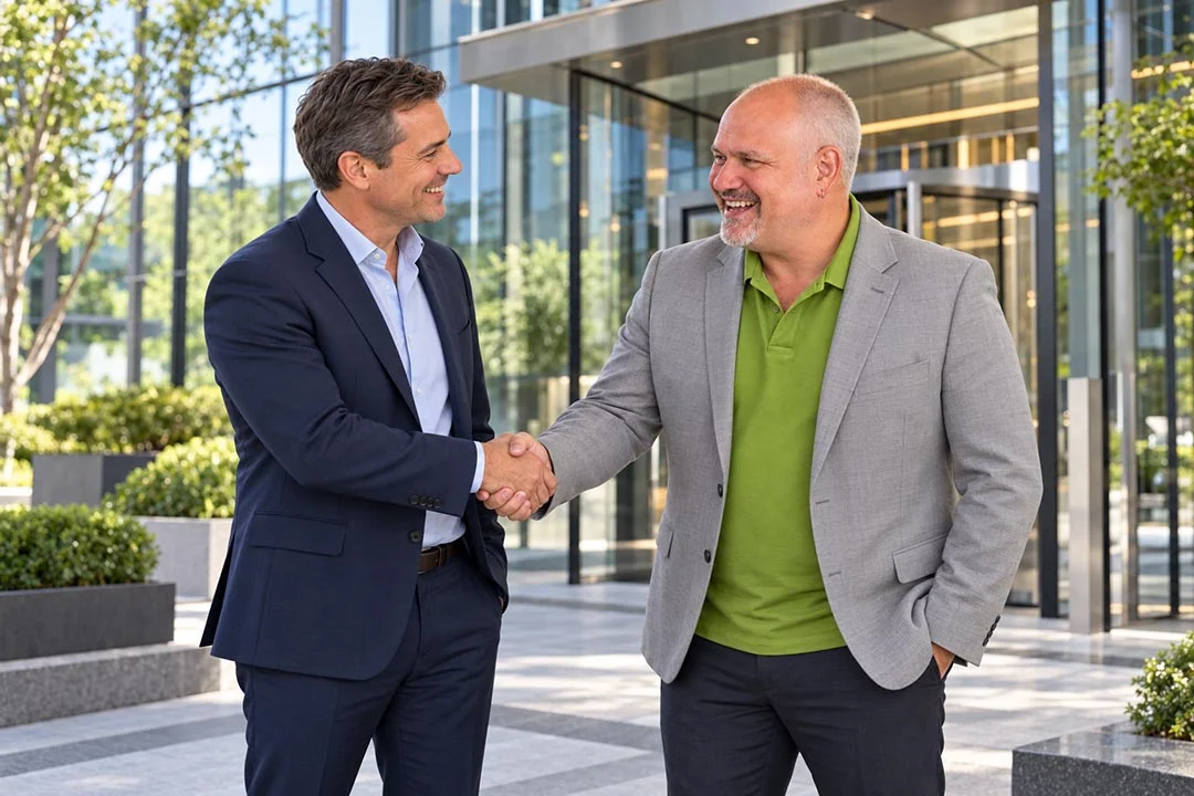 Daniel Schindler, Geschäftsführer der ihoch3 CONSULTING gmbh, Friedberg bei der Verabschiedung eines Kunden