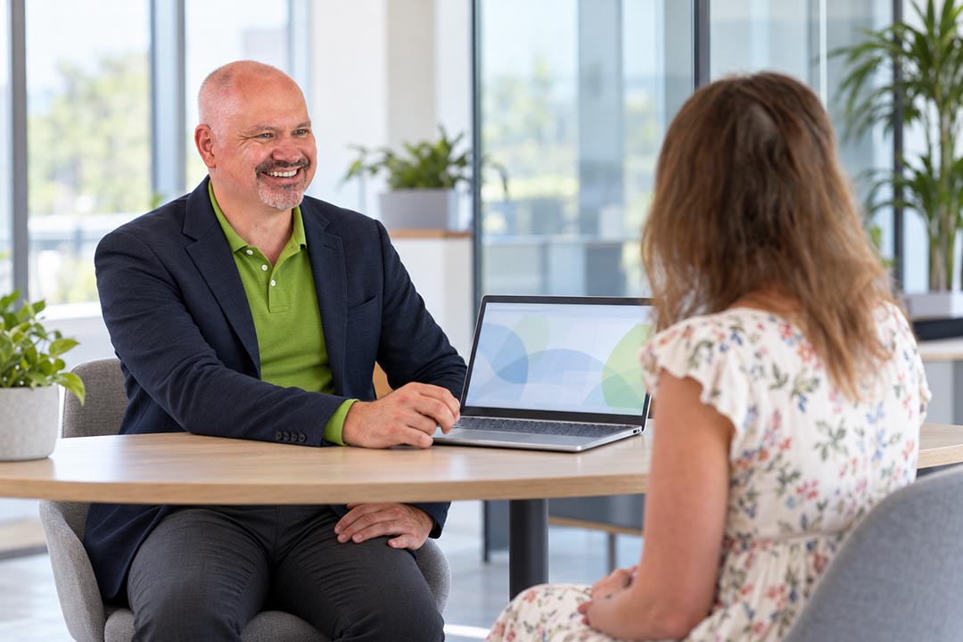 Daniel Schindler, Geschäftsführer der ihoch3 CONSULTING gmbh, Friedberg im Gespräch mit einer neuen Kundin